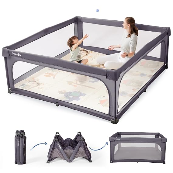 Sweeby Baby Playpen, 59x59 Inch Baby Gate Playpens for Babies and Toddlers, Large Playpen with Door Play Yard for Indoor and Outdoor Play Pen,Darkgrey