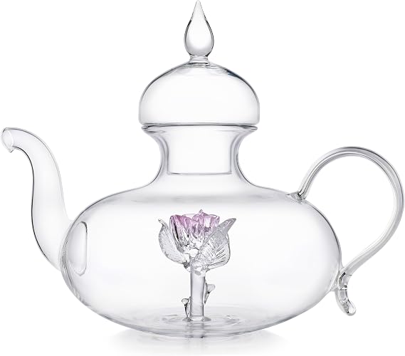 Teabloom Earthly Rose Hand-Blown Glass Teapot with Three-Dimensional Pink Rosebud (40oz) Presented in a Luxurious Magnetic Gift Box