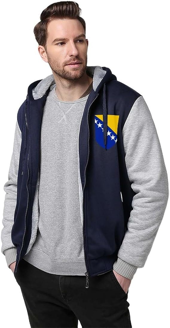 Outdoor Jackets For Men Hooded, Coat of Arms of Bosnia And Herzegovina Flag Print Winter Pocket Hoodie Jackets