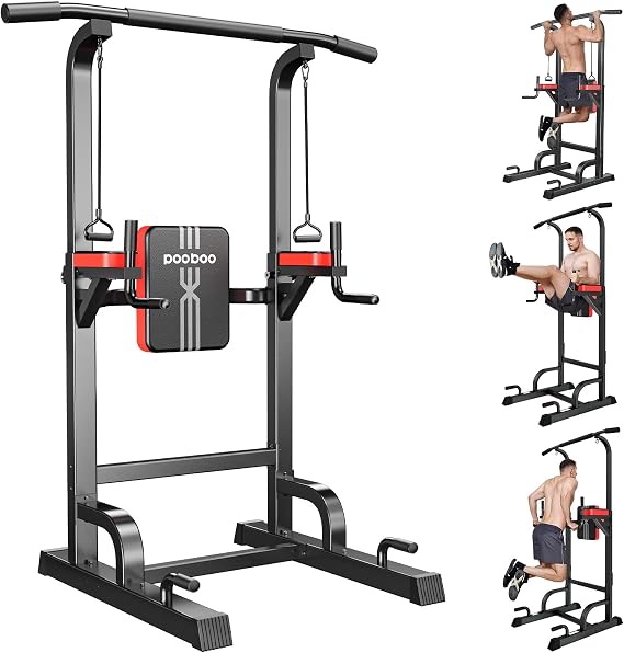 Power Tower Dip Station Pull Up Bar for Fitness Home Gym Workout,Multi-Function Adjustable Height Fitness Strength Training Exercise Equipment,with Power Elastic Ropes,Black Red-02