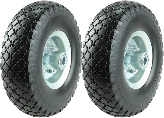KF4003 Twin Pack 10-Inch Solid Rubber Tire Wheels Replacement 3.00-4 Tires Wheels Flat Free with 5/8" Bearings 2.15" Offset Hub Perfect for Hand Truck Wheelbarrow Garden Cart Non-Flat