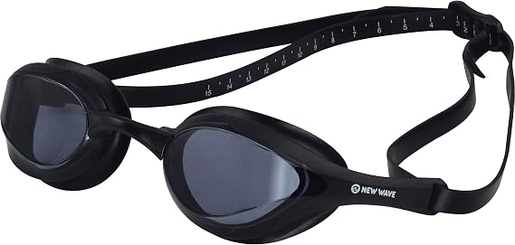 New Wave Swim Goggles with Protective Storage Case - Anti Fog Lenses, Four Nose Bridges for Triathlon & Open Water Swimming (Nightfall = Smoke Lens in Black Frame)