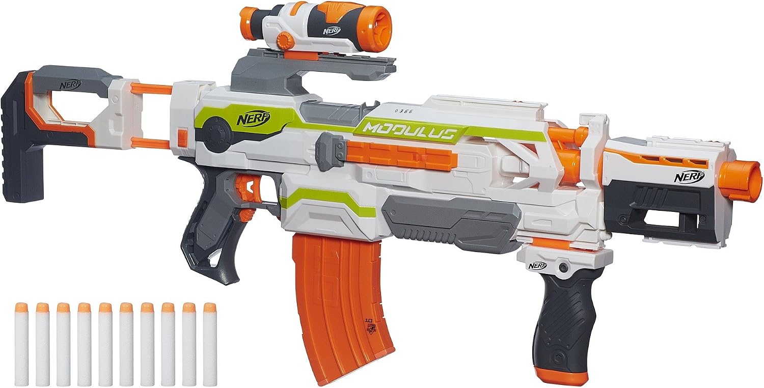 NERF Modulus ECS Motorized Blaster, Removable Scope, Drop Grip, Barrel, Stock, 10-Dart Clip