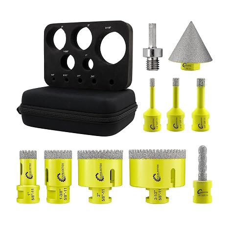 Diamond Core Drill Bits Set - 10pcs (6/8/10/25/35/50/65mm+10mm Finger Bit+50mm Beveling Chamfer Bit+Hex Adapter) Serrated Hole Saw Kit SANLEETEK Ceramic Tile Porcelain Marble Granite 5/8"-11 Thread