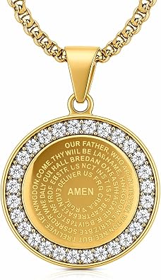 Steeltime Stainless Steel Lords Prayer Necklace with Simulated Diamonds