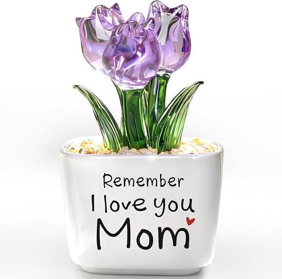 Birthday Gifts for Mom from Daughter Son - Mini Purple Glass Tulip | Remember I Love You Mom - Mom Birthday Gifts for Mothers - Collectible Flower Figurine