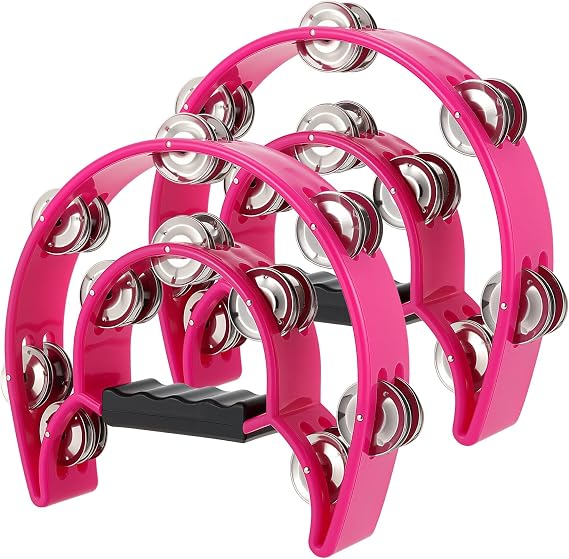 SINJEUN 2 Pack Double Row Tambourine, Metal Half Moon Musical Tambourine Jingles Hand Held Percussion with Ergonomic Handle for Beginner, Church, KTV, Party