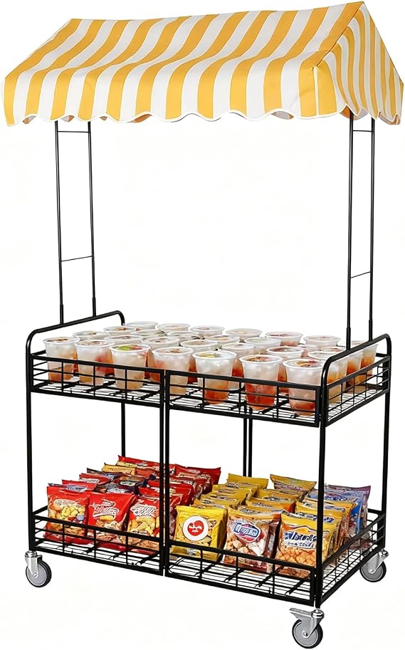Folding Vendor Stall Cart with Canopy for Market and Events | Mobile Display Stand, Yellow, 440lbs Cap, Heavy-Duty Steel, Removable Canopy, Quiet Swivel Wheel, DIY, Fair, Street Vending