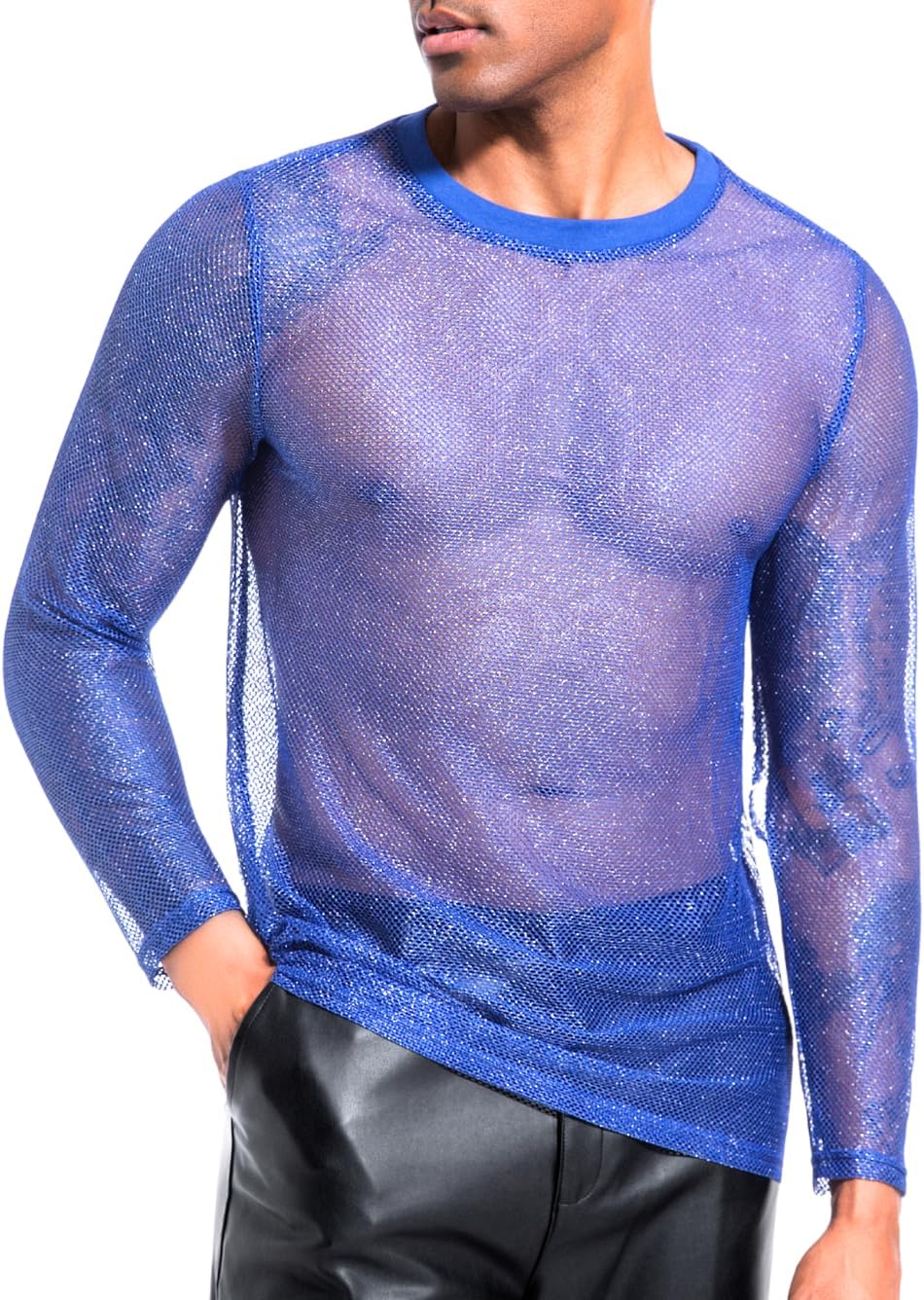 Mens Sexy Silver Glitter Mesh Shirt, Long Sleeve Sheer See Through Fishnet Top, Club Party Rave Outfit Music Festival