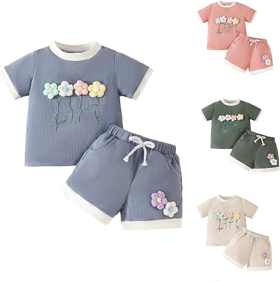 Toddler Baby Girl Summer Clothes Outfits Bow Print Tops Tees Tshirt+Short Pants Joggers 2Pc Waffle Knit