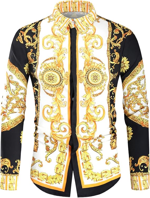 Men Palace 3D Print Long Sleeve Shirt Golden Fashion Luxury Printed Dress Shirts Nightclub Button-Down Shirts