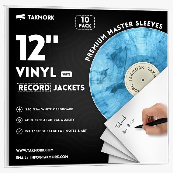 TAKMORK Vinyl Record Jackets, 12" 350gsm Blank, No Hole, White, 10 Pack