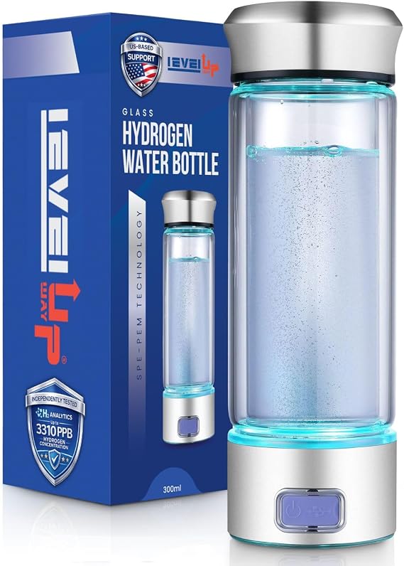 LevelUpWay Hydrogen Water Bottle Generator - Up to 3310 PPB Hydrogen, Lab-Tested by H2 Analytics, SPE/PEM Technology, Premium Borosilicate Glass, Portable for Daily Hydration