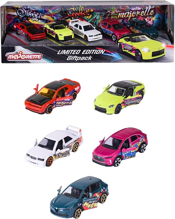 Majorette Grafiti görünümlü 11 araç seti, sınırlı sayıda (5 araba) - 5 model araba, metal serbest tekerlekli, süspansiyonlu ve açılabilir parça, koleksiyoncular ve 3 yaşından büyük çocuklar için