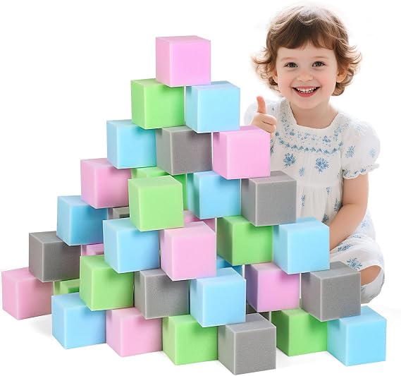 48PCS Kids Foam Blocks for Ball Pit - 3" Square Foam Blocks and Foam Cubes for Foam Pit, Soft Play Equipment, Toddler Gymnastics & Parkour Equipment - Blue/Pink/Green/Grey