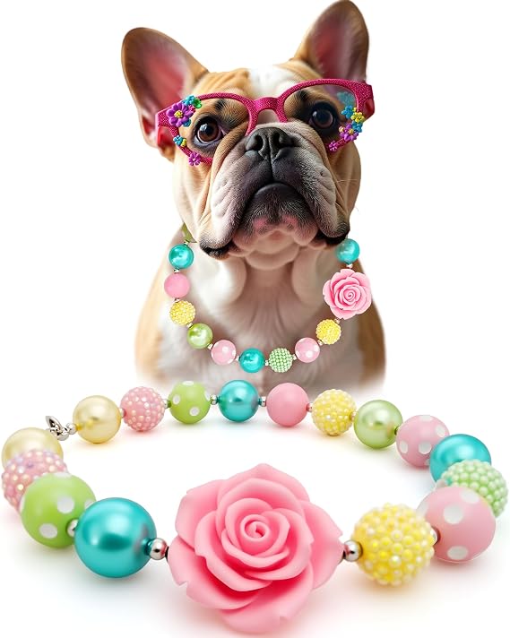 Hosiwei Princess Bubblegum Dog Collar Necklace, Chunky Beads (19mm) with Flower Charm Pet Collar | Adjustable Sparkling Pet Jewelry Accessory for Dogs, Daily Wear & Costume Parties (14-18 in)