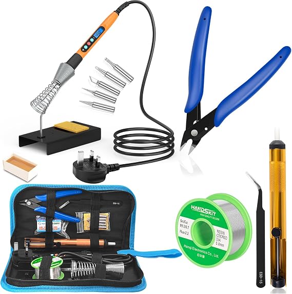 HANDSKIT Soldering Iron Kit with Solder, 90W Adjustable Temperature Soldering Kit with LCD, 5 Soldering Tips, Desoldering Pump, Solder Wire, Soldering Iron Stand, Tweezers
