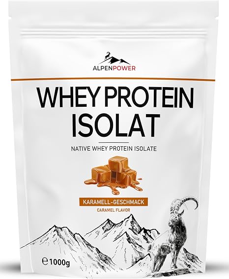 AlpenPower Native Whey Isolate - High Purity Whey Protein from Alpine Milk 84% Protein Low Lactose No Additives Muscle Building & Regeneration (1 kg Caramel)