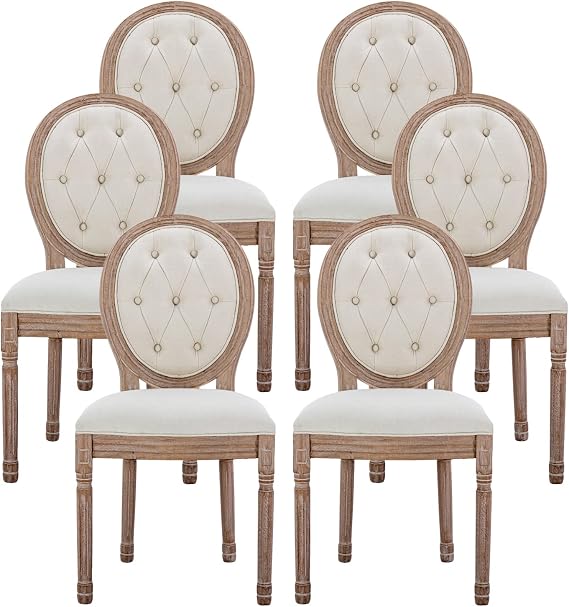 Nrizc French Country Dining Chairs Set of 6, Farmhouse Dining Chair with Round Button Back, Solid Wood Legs, French Dining Chairs for Kitchen/Bedroom/Dining Room
