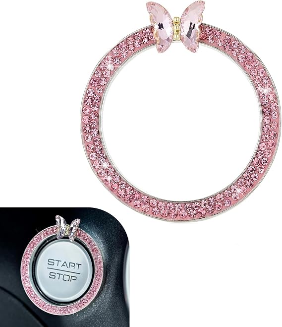 Bling Ignition Start Switch Decorative Ring, Inlaid Rhinestone Creative Butterfly Alloy Push Button Ring, Modification Replacement Accessory, Suitable for Most Cars (Pink)