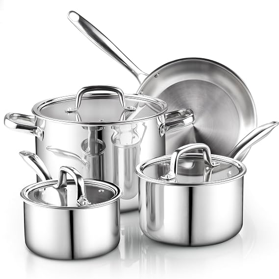Cook N Home 7-Piece Tri-Ply Clad Stainless Steel Cookware Pots & Pans Set | Fully Clad Stockpot & Saucepan with Lids, Fry Pan Included, Induction Ready, Works on All Stovetops, Oven & Dishwasher Safe
