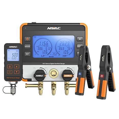 NAVAC NX1V Nexus Digital Manifold Gauge - Bluetooth for Temperature Probes - Impact-Resistant HVAC Gauge with Aluminum Body and Rubber Cover - A2L Compatible