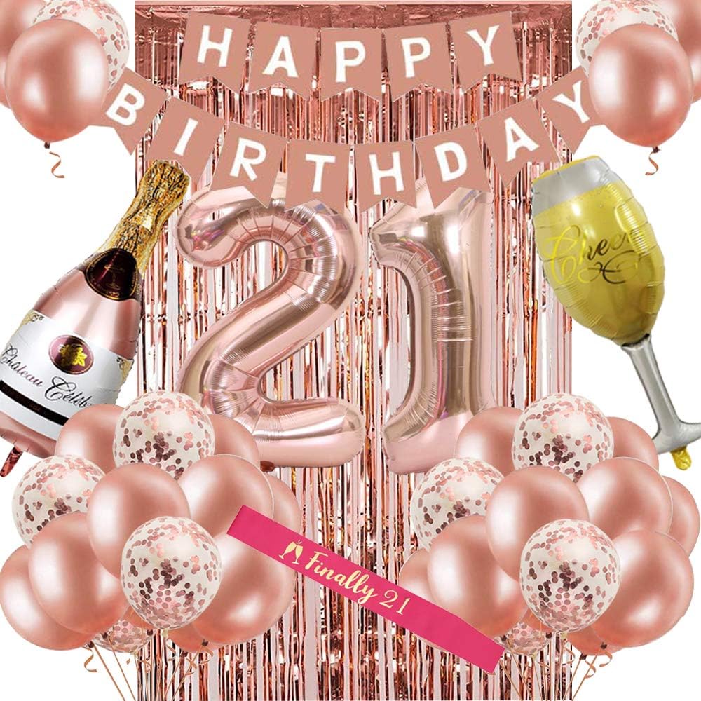 21st Birthday Decorations, Happy 21 Birthday Decoration, 21st Birthday Balloons, 21st Birthday Sash, 21 Balloon Number, Rose Gold 21st Birthday Party Supplies for Girls Women