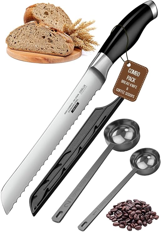 Orblue Premium Bread Knife 10-inch & 2-Pack Coffee Scoop Bundle