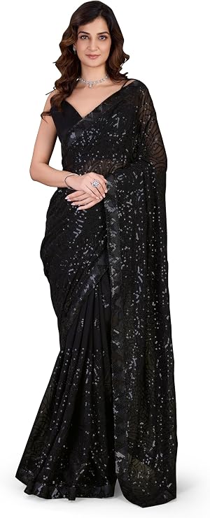TRENDMALLS Women's Georgette Sequence Embroidery Saree with Unstitch Blouse Piece