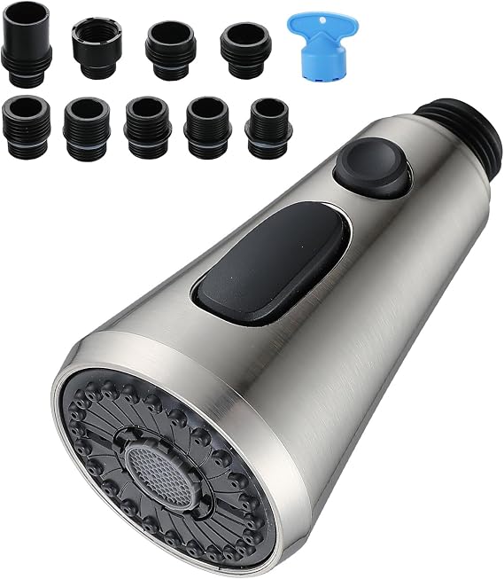 Brushed Nickel Pull Down Kitchen Faucet Head Replacement with 9 Adapters