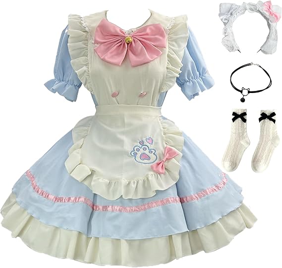 Halloween Women Cute Cat Maid Outfit Anime Cosplay Lolita Dress Sweet Bow Ruffle Puff Sleeve Japanese Maid Dress