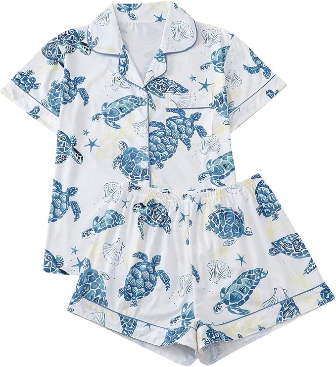 WDIRARA Women's 2 Piece Sea Turtle Graphic Pajama Set Shorts Loungewear