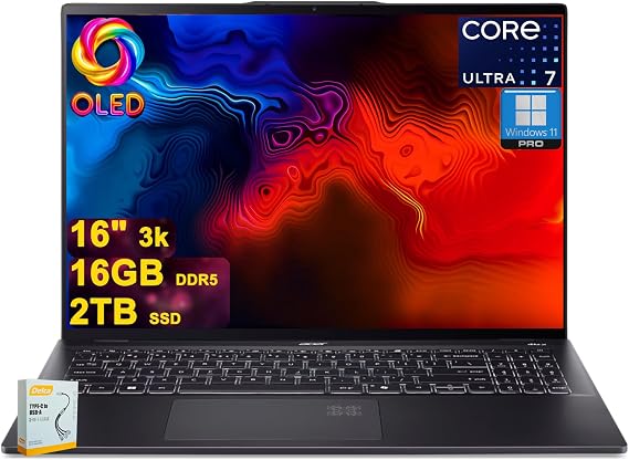 acer Swift 16 AI Copilot+ Laptop | 16" 3k OLED Touch 100% DCI-P3 | Intel 8-Core Ultra 7 Series 2 256V Max 47Top | 16GB DDR5 2TB SSD | Backlit Fingerprint QHD Infrared Camera with Win11Pro DLCA