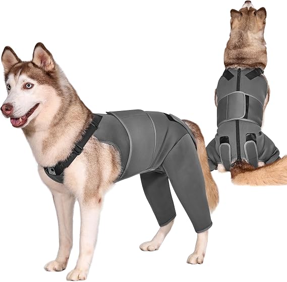 OneTigris Recovery Suit for Dogs, Zipper On Recovery Suit for Female Male Dog, Onesie Abdominal Wounds Cone E-Collar Alternative Prevent Licking Spay Recovery Suit (Gray, XL)