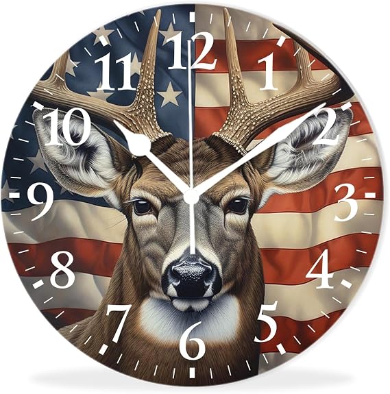 Battery Operated Analog Wall Clocks Non-Ticking Quiet Clock Decorative for Bedroom,Office,Bathroom-American Flag with Deer(12inch)