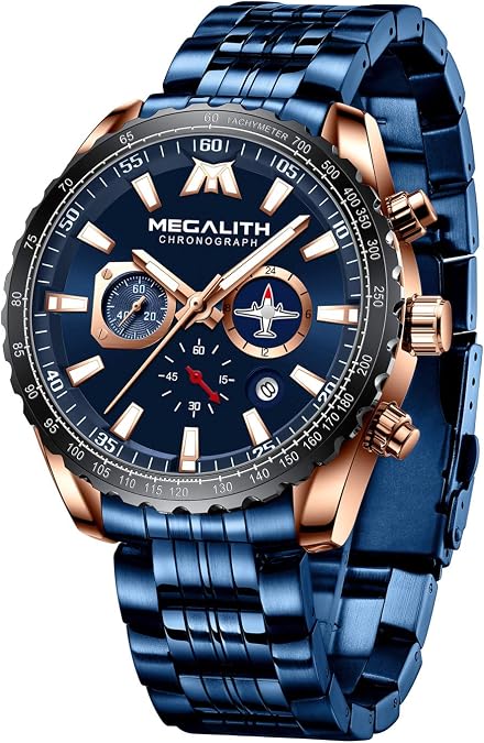 MEGALITH Mens Watches Stainless Steel Waterproof Analog Quartz Fashion Business Casual Chronograph Watch for Men, Auto Date