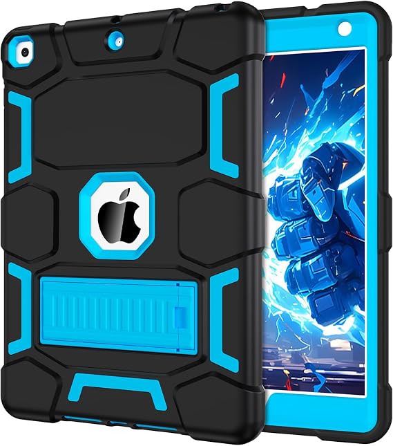 CCMAO iPad 9th Generation Case, iPad 8th/7th Generation Case, iPad 10.2 2021/2020/2019 Case with Kickstand, Heavy Duty Shockproof Hybrid Three Layer Protective Cover, Black+Sky Blue