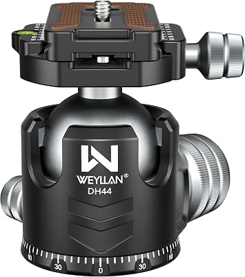 Used - WEYLLAN DH44 Tripod Head 44mm Low Profile Ball Head, 360° Metal Panoramic Camera Ball Head Mount with Quick Release Plate, Arca Ballhead for Tripod Monopod Camera Load 55lbs, Notice Not New