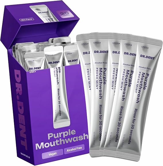 DR.DENT Purple Mouthwash for Teeth Whitening - Color Correcting Mouthwash Sachets - Peroxide Free, Alcohol Free - Freshens Breath, Supports Gum Health - Vegan, Mint Flavor (20 pc)