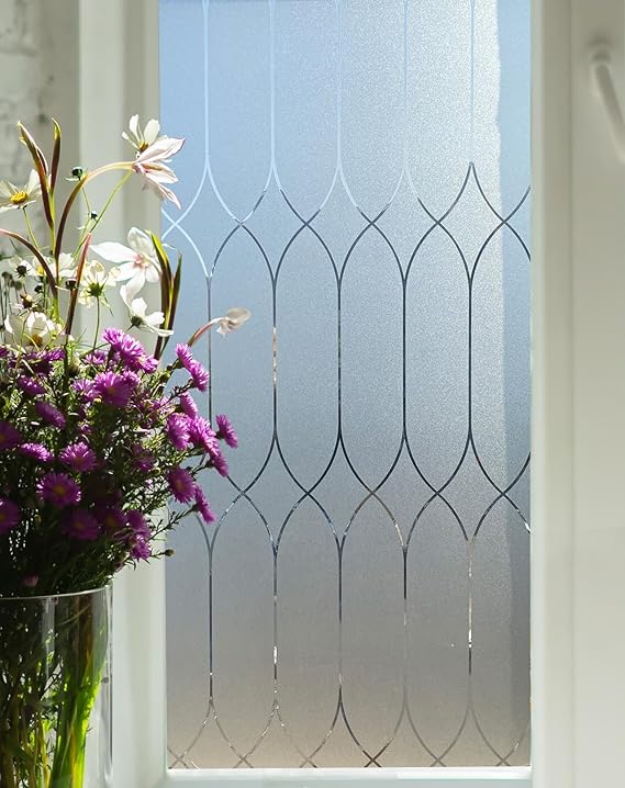 Privacy Window Film Decoration, Heat Control Window Tint for Home, Static Cling Glass Door Coverings Window Sticker Removable Non-Adhesive UV Blocking, Frosted Film w/Clear Morocco Lines, 17.7"x78.7"