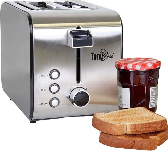 Total Chef 2-Slice Stainless Steel Toaster with Adjustable Browning, Defrost, Reheat, Removable Crumb Tray