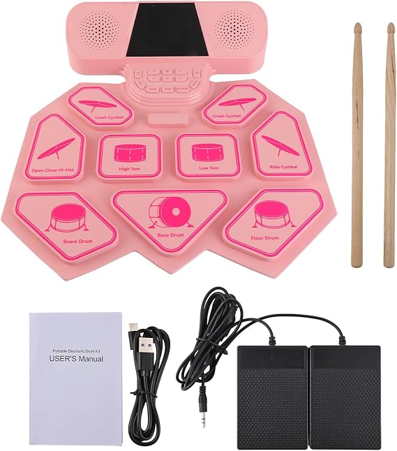DM300 Dual Speaker Color Electronic Drums Extra Thick Percussion Pad Silicone Hand Rolled Electronic Drums 9 DrumPads with Mallet Foot Pedal MIDI Phantom Light Function (Pink)