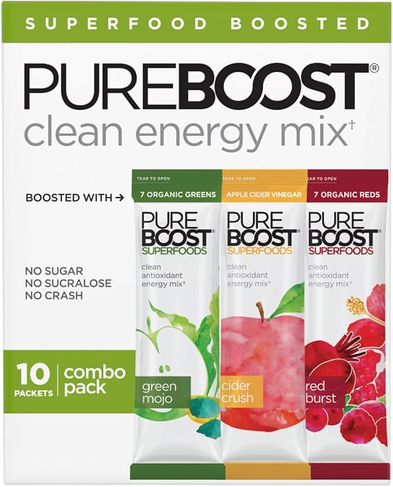 Pureboost Sugar-Free Superfoods Clean Energy Drink Mix, Combo Pack 10ct | Apple Cider Vinegar, Red and Green Superfoods. B12 vitamin, electrolytes, antioxidants & minerals. No sucralose.