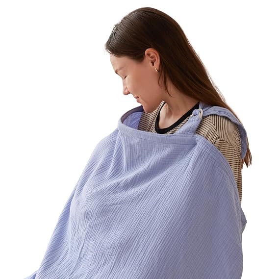TILLYOU Muslin Nursing Cover for Baby Breastfeeding, 100% Cotton Breathable with Arch Neckline for Women, Blue