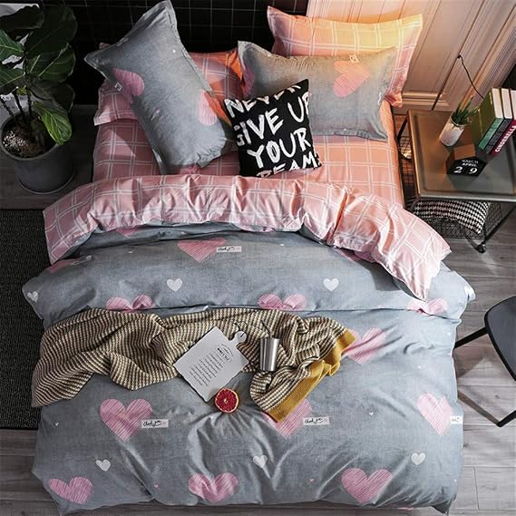 Bedding Set Double Bed, 4 Piece Duvet Cover Set Microfiber Single King Size with Sheets and Pillowcases Sheets Polyester Breathable Print Zip Easy Care- Love