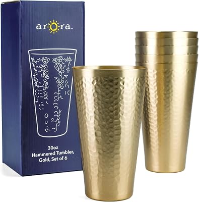 6-Pack 30oz Hammered Gold Aluminum Cups - Stackable Reusable, Durable. Hand Wash Only