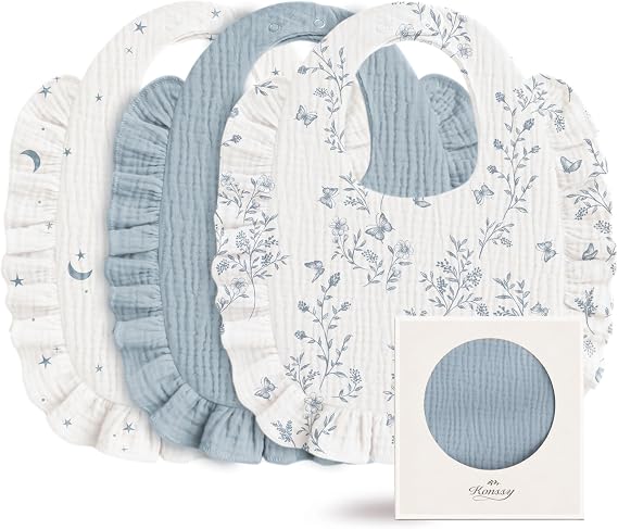 Konssy 3-Pack Muslin Baby Girl Bibs, 100% Cotton with Ruffle Trim | Ultra Soft & Absorbent, Baby Essentials for Drooling and Teething, for Newborn, Infant & Toddler 0-36 Months
