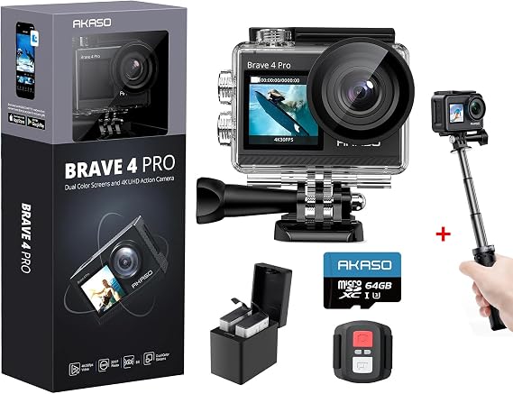AKASO Brave 4 Pro Action Camera with 64GB MicroSDXC Memory Card and Mini Selfie Stick Tripod