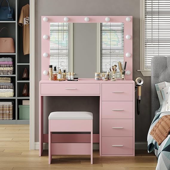FUSOU 94CM Dressing Table with Mirror & LED Lights, Makeup Vanity with Power Outlet & USB, 3 Lighting Modes, Dressing Table with 5 Drawers & Stool for Bedroom, Pink