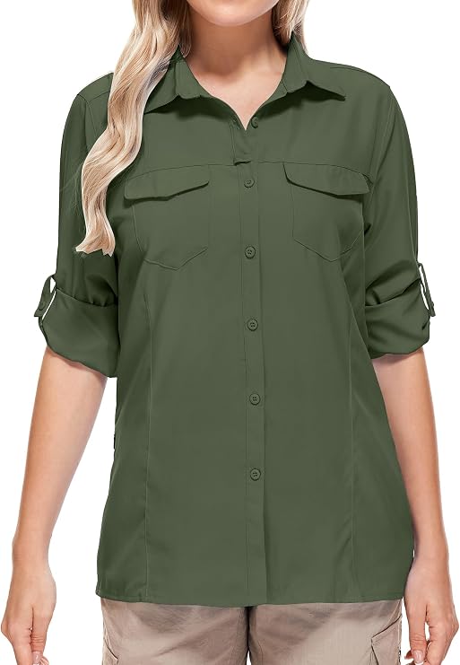 Women UPF 50+ Sun Protection Safari Shirts Quick Dry Lightweight Outdoor Fishing Hiking Travel Shirts with Zipper Pockets
